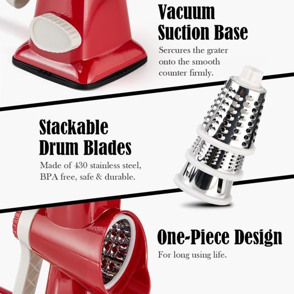 Cheese Grater Hand Crank Rotating Cheese Shredder Stainless Steel red - Picture 5 of 6